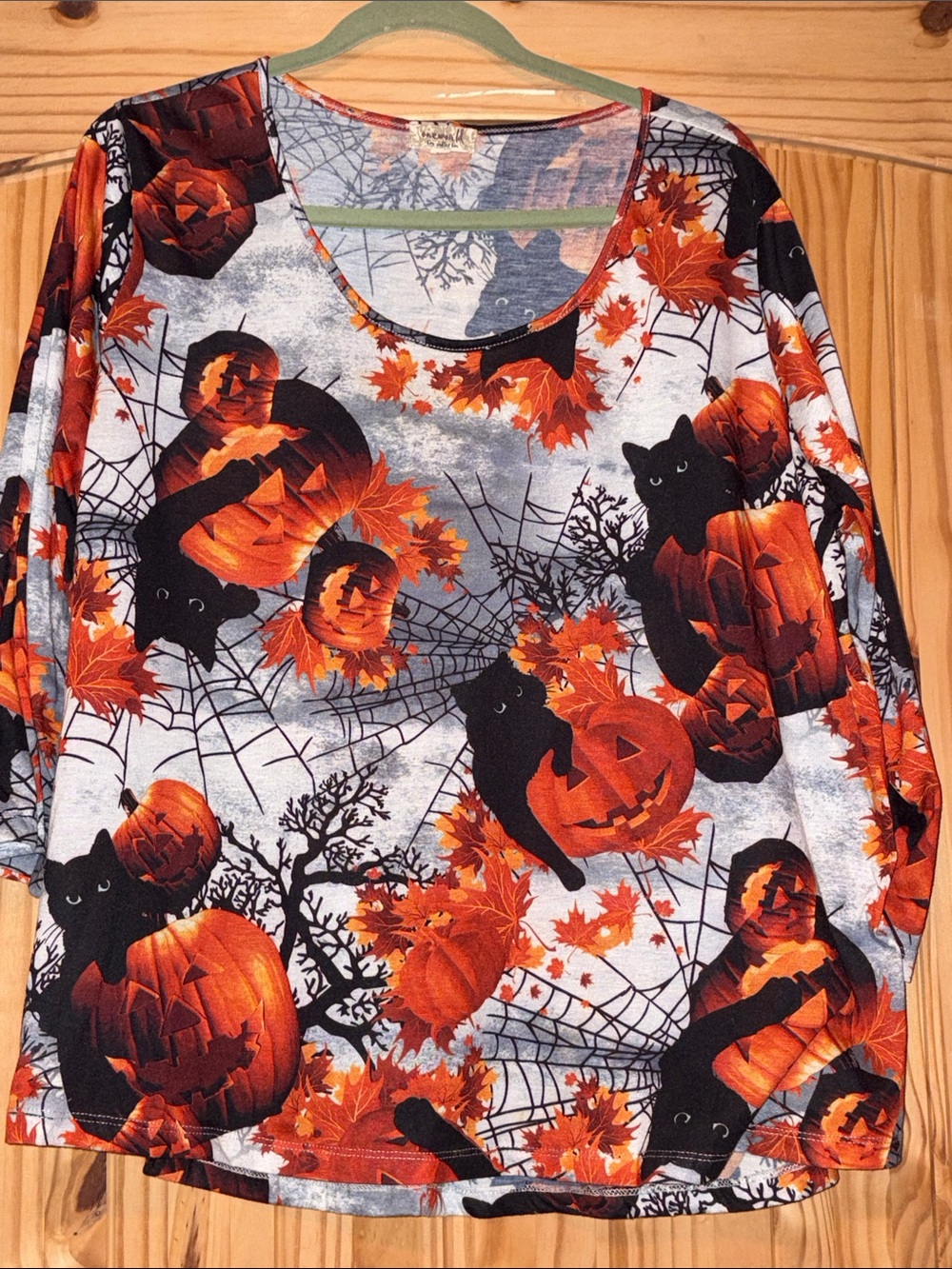 ONE WORLD Black Cat & Pumpkin Print Long Sleeve Top - Halloween